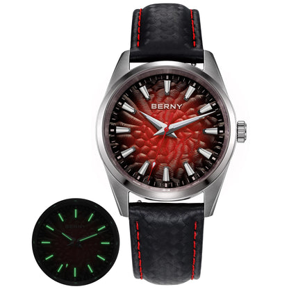 Montre pour homme BERNY – Montre à quartz élégante et classique, étanche à 10 ATM, dotée d'un verre saphir et d'aiguilles luminescentes, idéale pour une tenue habillée ou professionnelle, avec bracelet en cuir.