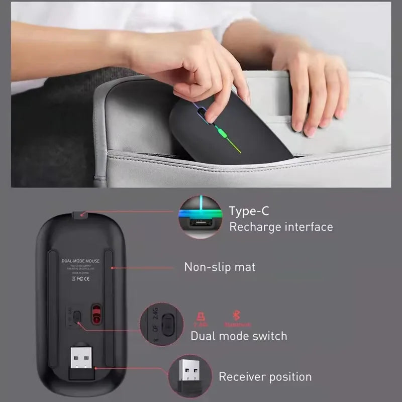 Безжична презареждаема мишка с два режима, съвместима с Bluetooth, 2.4G USB компютърна мишка за лаптоп, iPad, таблет и Notebook, геймърска мишка