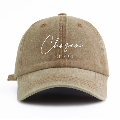 1pc CHOSEN Print Washed Baseball Cap for Adults,  Minimalist Retro Style Casual Soft Adjustable Dad Hat, Perfect As Gift