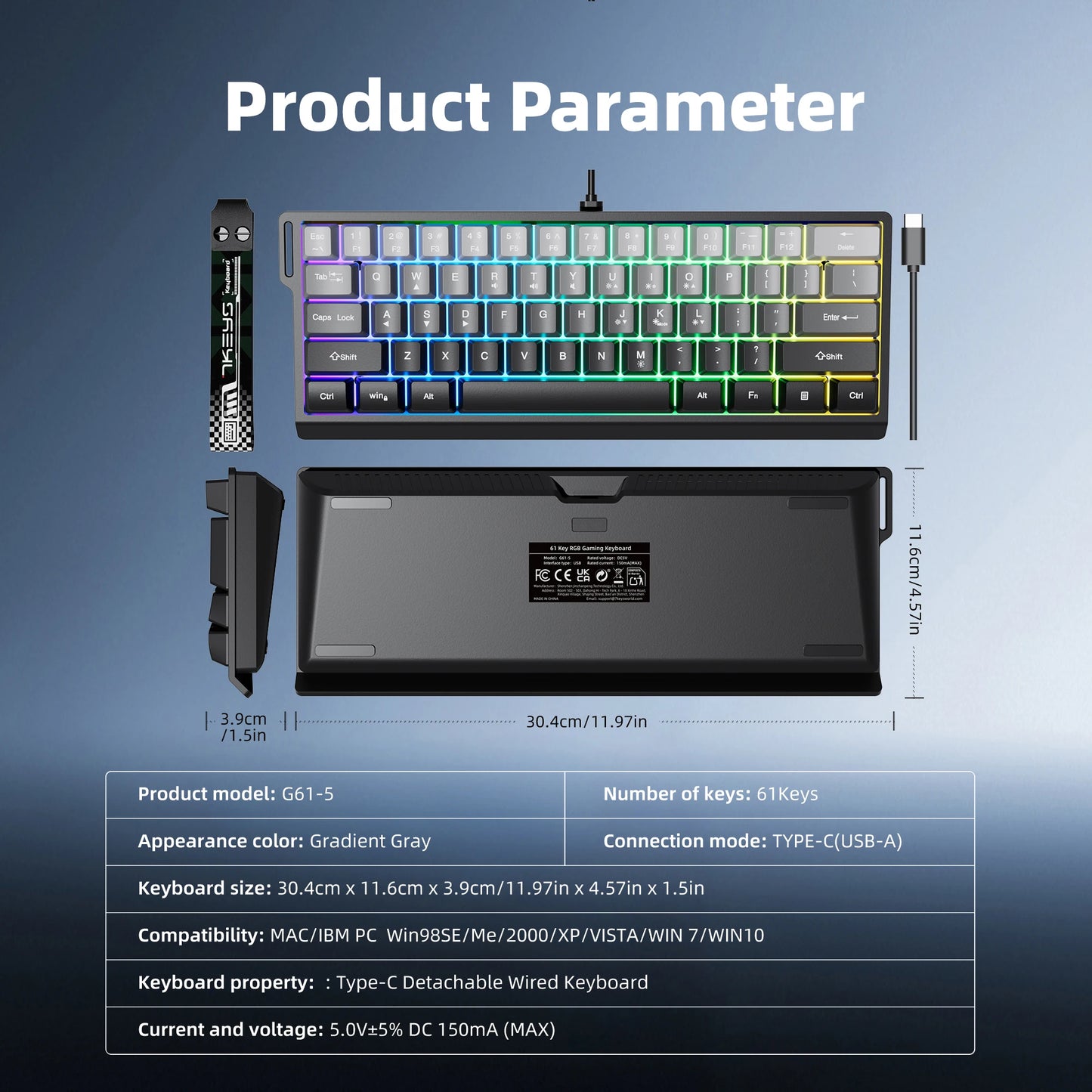 60% compact wired keyboard with RGB backlighting and gradient-colored keycaps, suitable for Windows tablets, laptops and gamers.