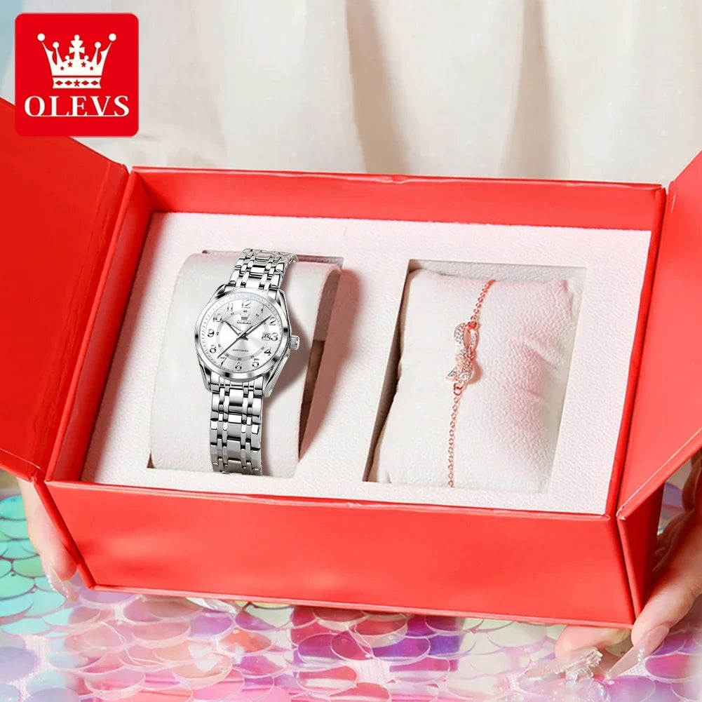 OLEVS Luxury Fashionable Ladies Quartz Watch Waterproof Wristwatch with Arabic Numerals Date Feature And Set Bracelet for Women