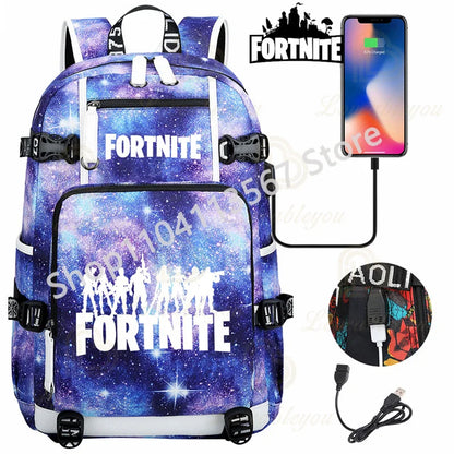 Yule Trooper F-Fortnited Battle Royale Rucksack mit USB-Ladeanschluss, Anime-Figuren, Lern- und Schreibwarenfach für Schüler