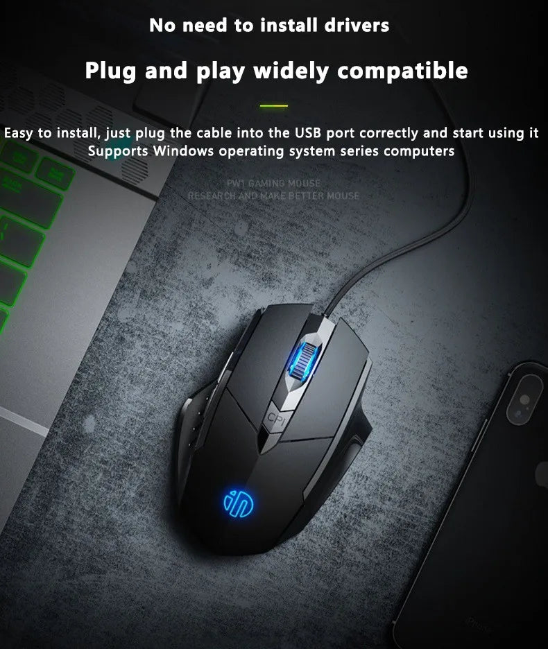 Káblová myš Inphic W1 Esports Gaming Mouse s programovateľnými makrami, nastaviteľným DPI a tichým chodom do kancelárie