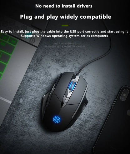 Káblová myš Inphic W1 Esports Gaming Mouse s programovateľnými makrami, nastaviteľným DPI a tichým chodom do kancelárie