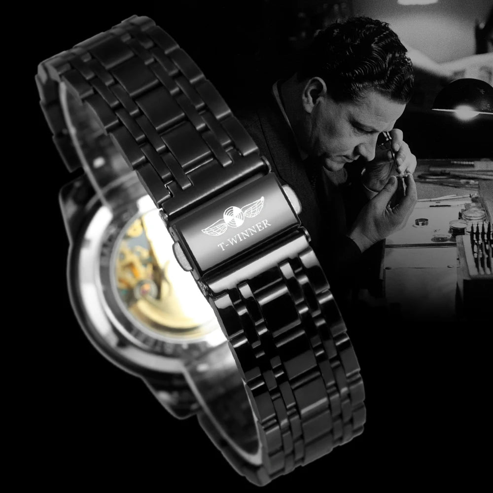 WINNER Classic Mechanical Watches Luxury Diamond Dial Black Gold Skeleton Automatic Mens Watch Stainless Steel Strap Wristwatch