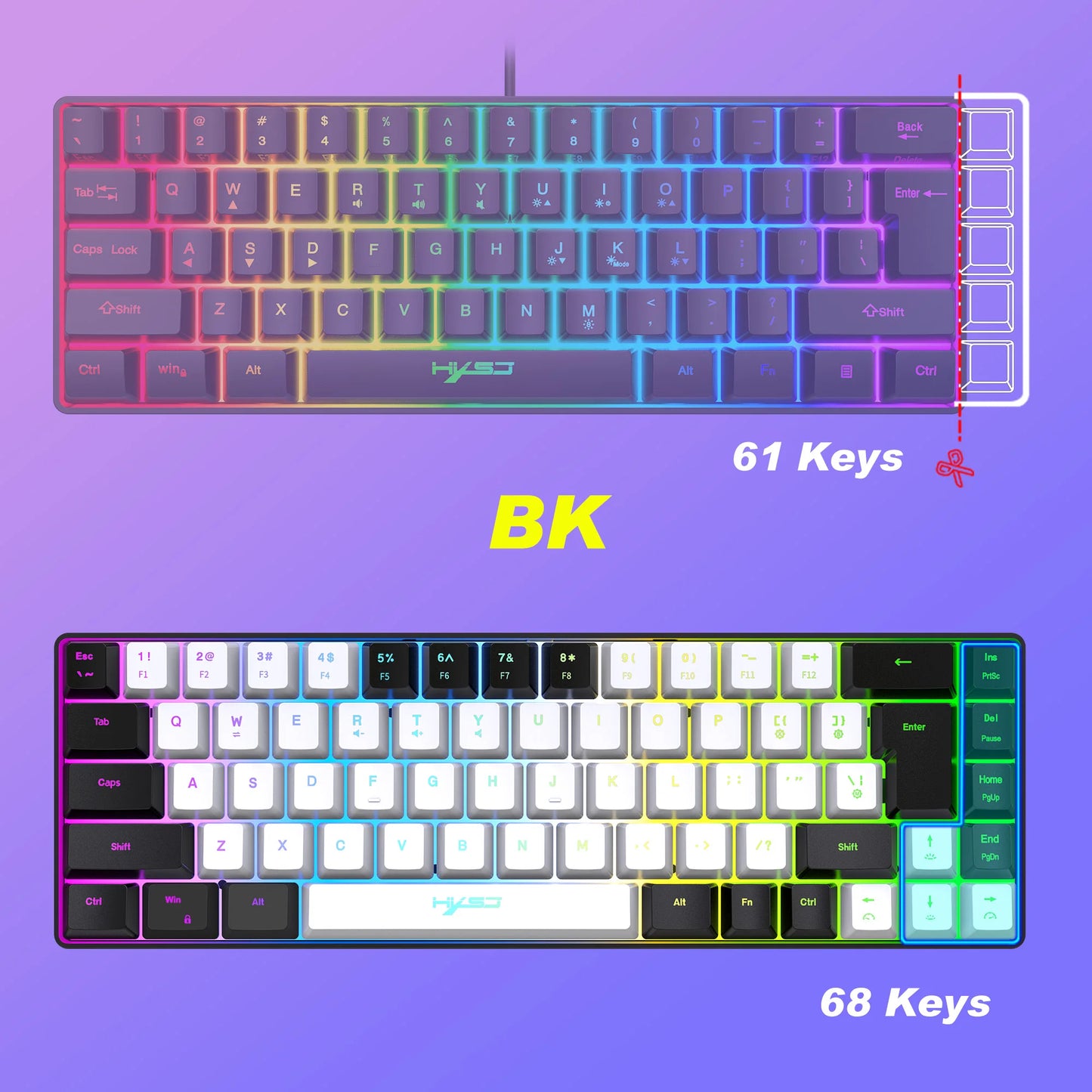68 Keys Gaming Keyboard USB Wired Portable 20 RGB Backlight Keyboard Black and White Keycaps for Windows Laptops Computer