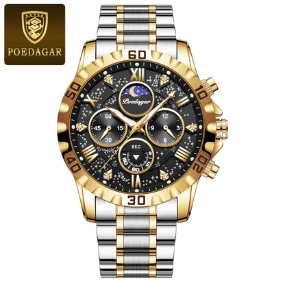 Pánské hodinky POEDAGAR – luxusní chronograf, vodotěsné a luminiscenční, z nerezové oceli, ve sportovním a vojenském stylu, s quartzovým strojkem