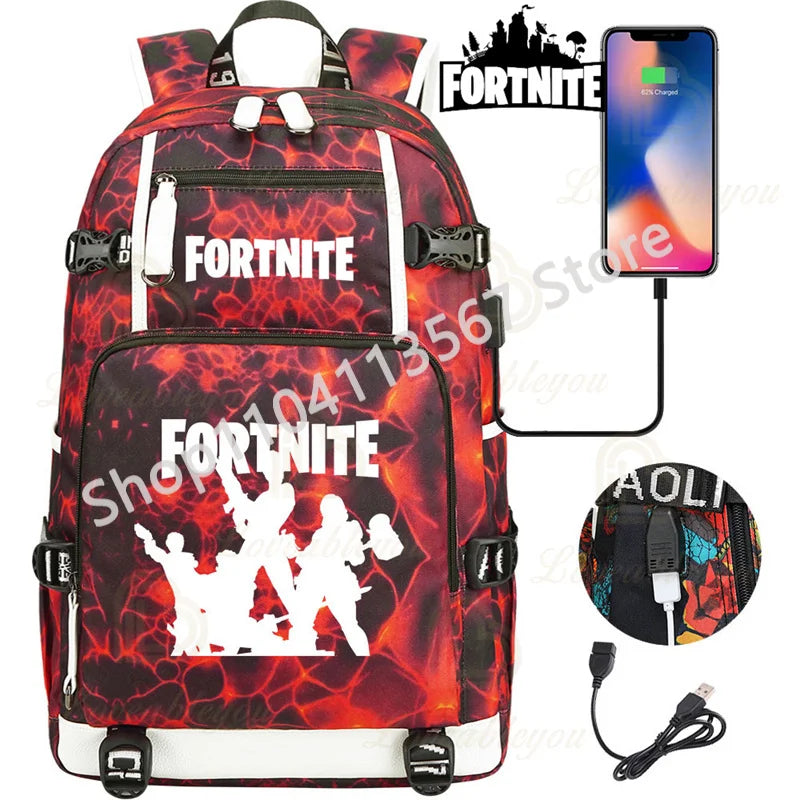 Yule Trooper F-Fortnited Battle Royale Rucksack mit USB-Ladeanschluss, Anime-Figuren, Lern- und Schreibwarenfach für Schüler