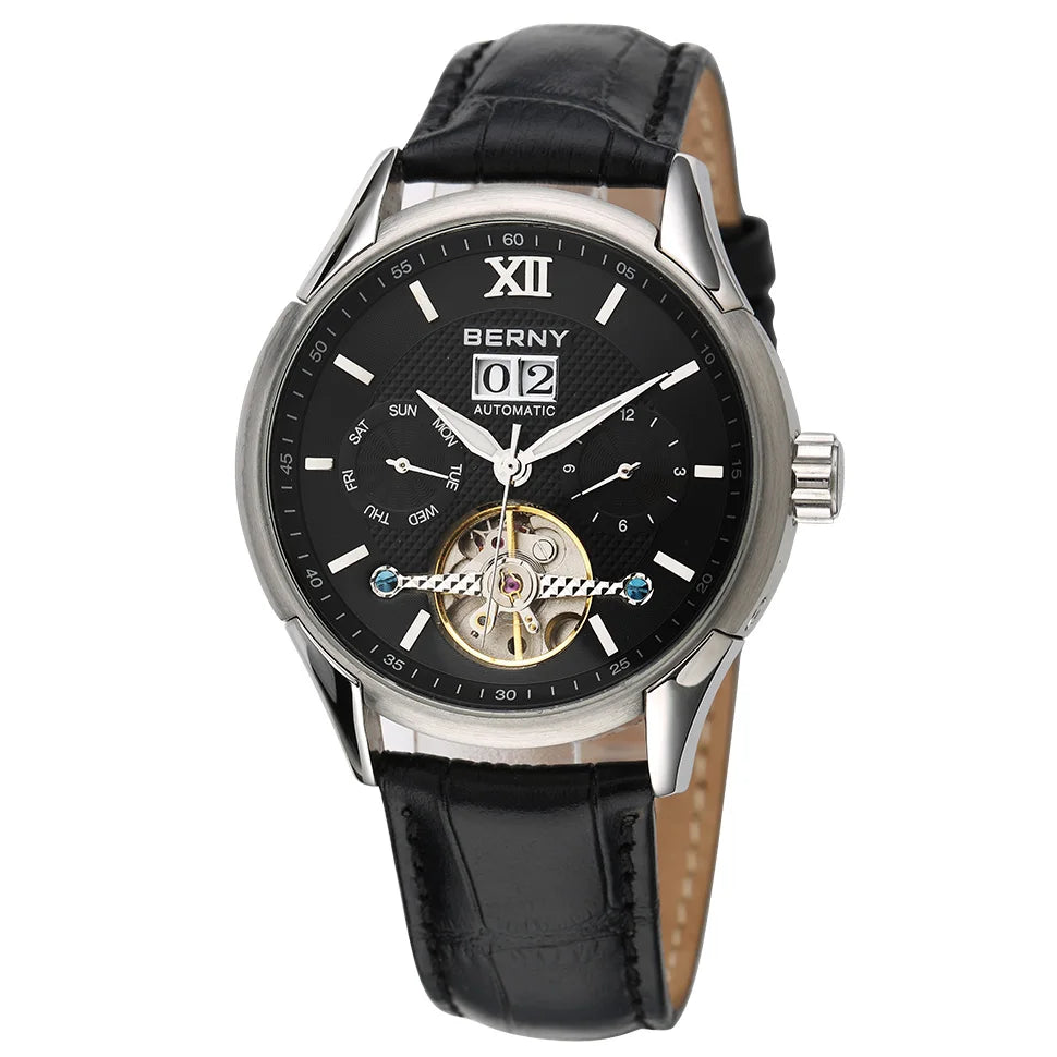 BERNY Automatic Watch for Men Auto Self-wind Mechanical Watches Date Skeleton 5ATM Luxury Male Wristwatches