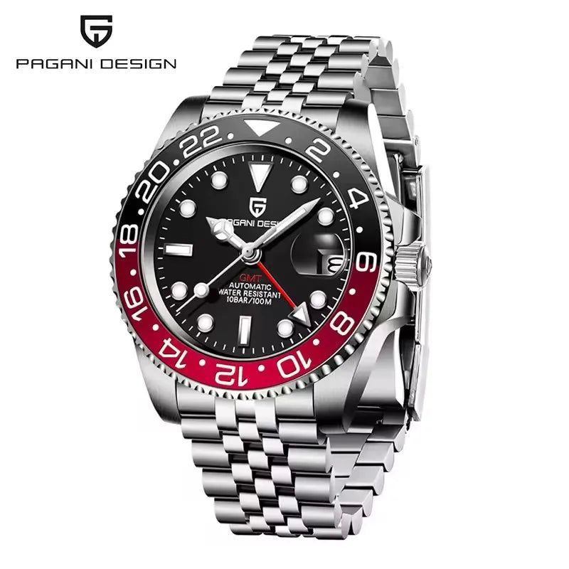 Montre mécanique pour homme PAGANI DESIGN (40 mm) – Cadran violet, fonction GMT, bracelet type Jubilee, verre saphir, étanche, mouvement automatique