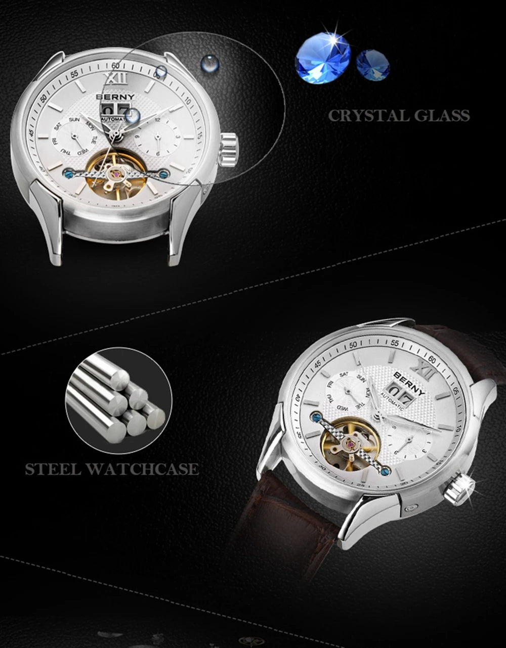 BERNY Automatic Watch for Men Auto Self-wind Mechanical Watches Date Skeleton 5ATM Luxury Male Wristwatches