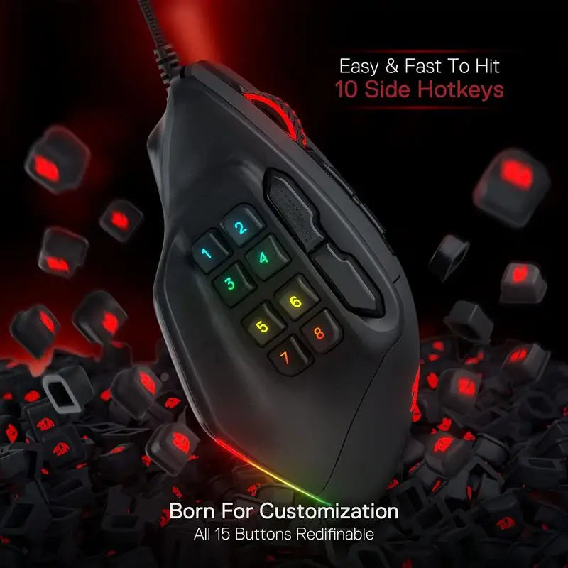 Redragon M811 Aatrox MMO геймърска мишка, кабелна RGB мишка за геймъри с 15 програмируеми бутона и ергономична конструкция за естествен захват