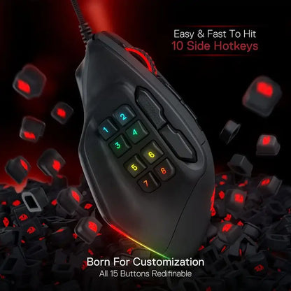 Redragon M811 Aatrox MMO геймърска мишка, кабелна RGB мишка за геймъри с 15 програмируеми бутона и ергономична конструкция за естествен захват