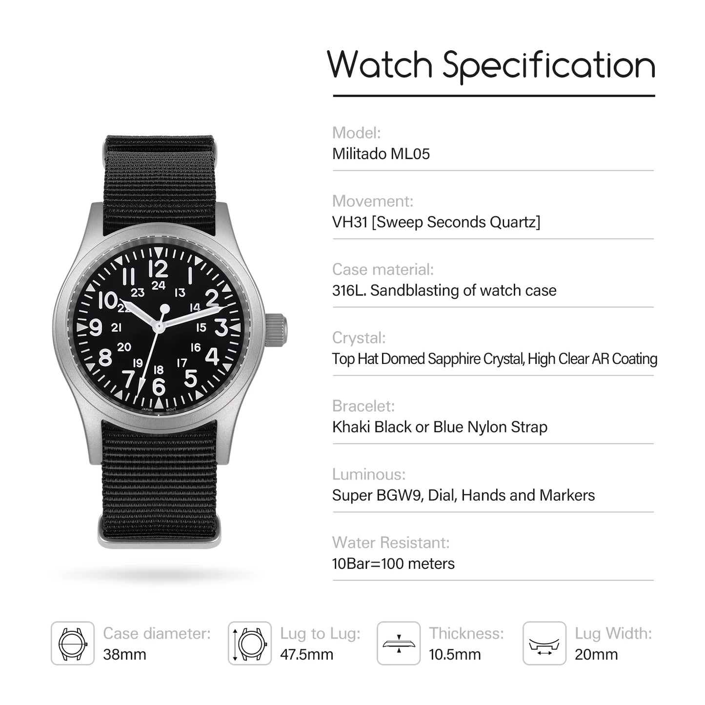 Militado ML05 Vintage Watch VH31 Sweep Second Movement Domed Sapphire Crystal With High Clear AR Coating Luminous 38mm Watches
