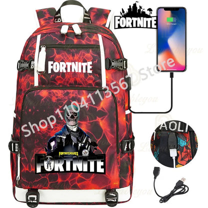 Ultima Knight F-Fortnited Battle Royale Backpack with USB Charging Anime Figures Study Stationery Compartment for Students