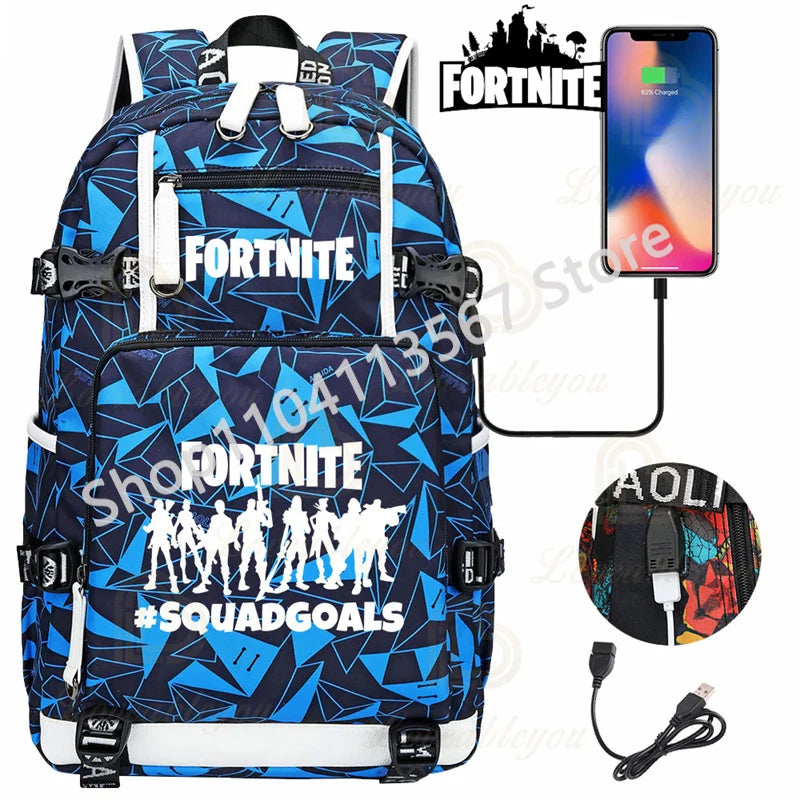 Yule Trooper F-Fortnited Battle Royale Rucksack mit USB-Ladeanschluss, Anime-Figuren, Lern- und Schreibwarenfach für Schüler