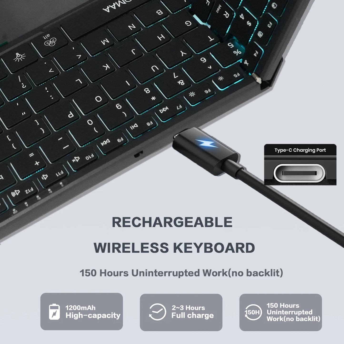 Tastiera touchpad wireless Bluetooth Dual Mode portatile con retroilluminazione RGB, 98 tasti, tastiera da ufficio pieghevole per PC/Laptop/Mac - Nero