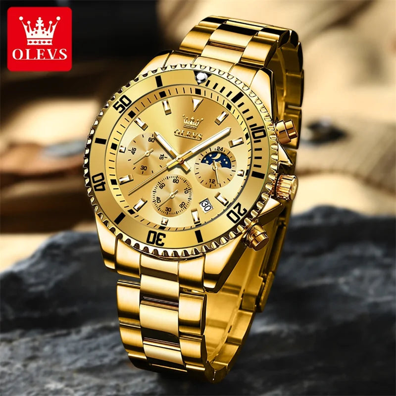 OLEVS men’s watch, luxury brand, gold-coloured military-style quartz watch, water-resistant, luminous date display, stainless steel case.