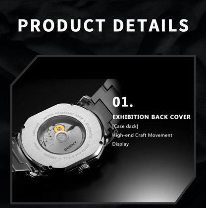 BERNY Men's Mechanical Watch, Top Accuracy, Automatic Wristwatch, Luxury Male Clock, Sapphire, Self-Winding, Waterproof