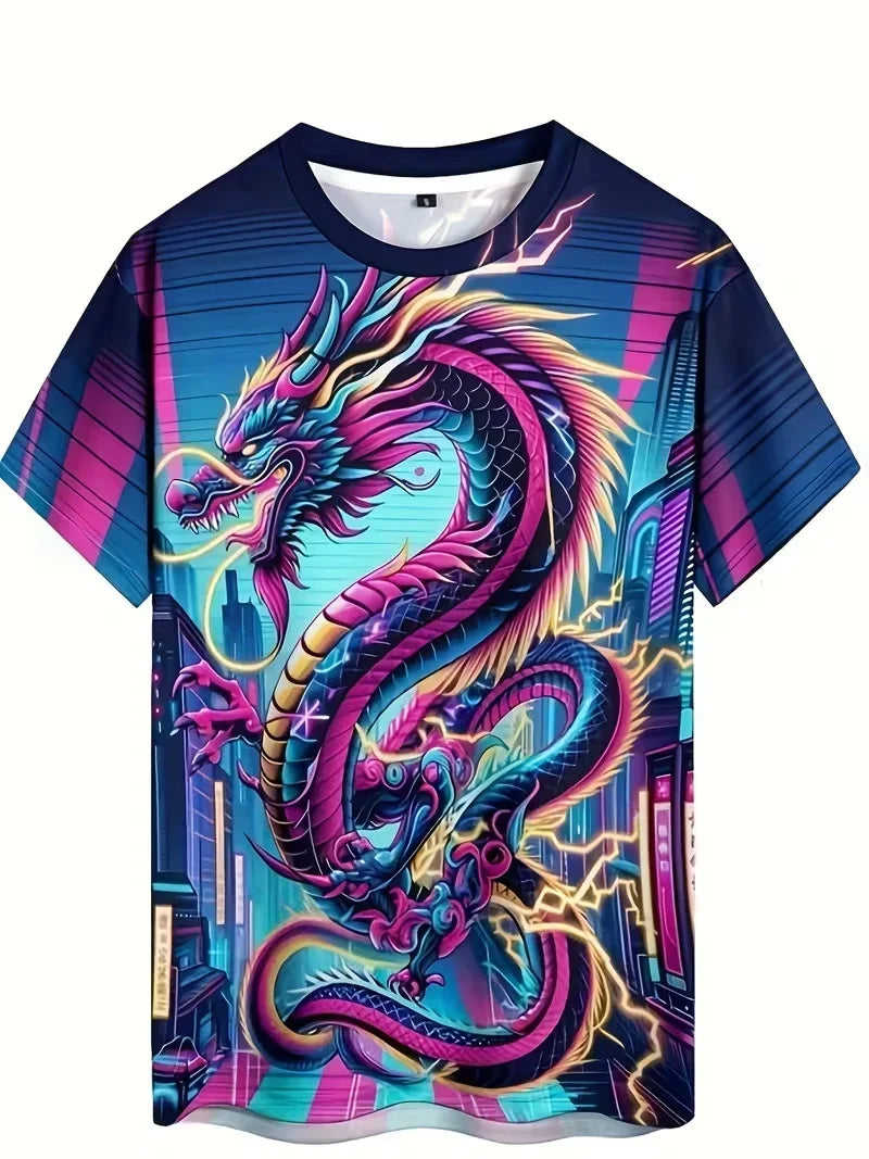 Cool Dragon -kuvioinen miesten T-paita, 3D-teräväpiirtopainatus, trendikäs pyöreäkaulainen vapaa-ajanpaita, nopeasti kuivuva, oversize-mitoitettu miesten vaate