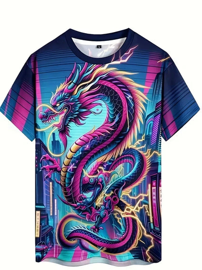Cool Dragon -kuvioinen miesten T-paita, 3D-teräväpiirtopainatus, trendikäs pyöreäkaulainen vapaa-ajanpaita, nopeasti kuivuva, oversize-mitoitettu miesten vaate
