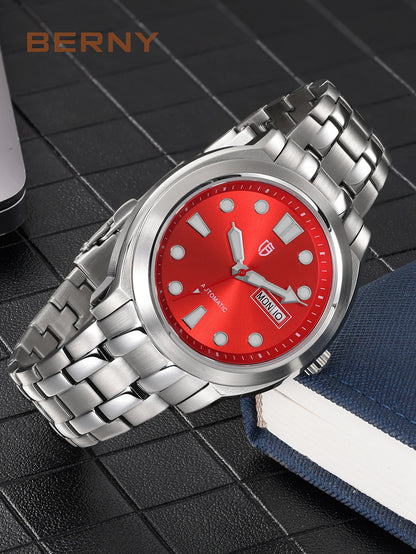 BERNY Automatic Men Watch Supper Luminous Sapphire Stainless Steel 100M Waterproof Business Casual Mechanical Wristwatch for Men