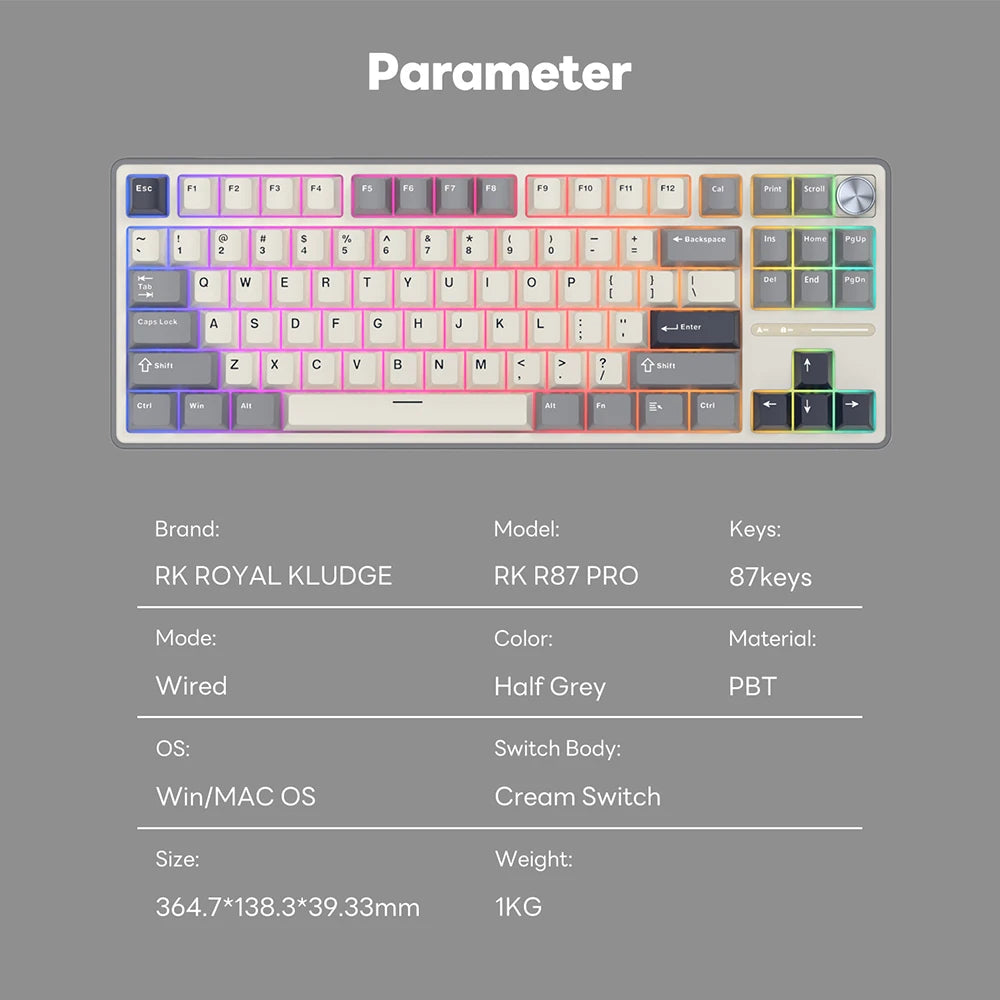 RK Royal Kludge RK R87Pro Gasket Wired Gamer Keyboard Hot-swappable 88 Keys Mechanical Keyboard 88% RGB Backlit With PBT Keycaps