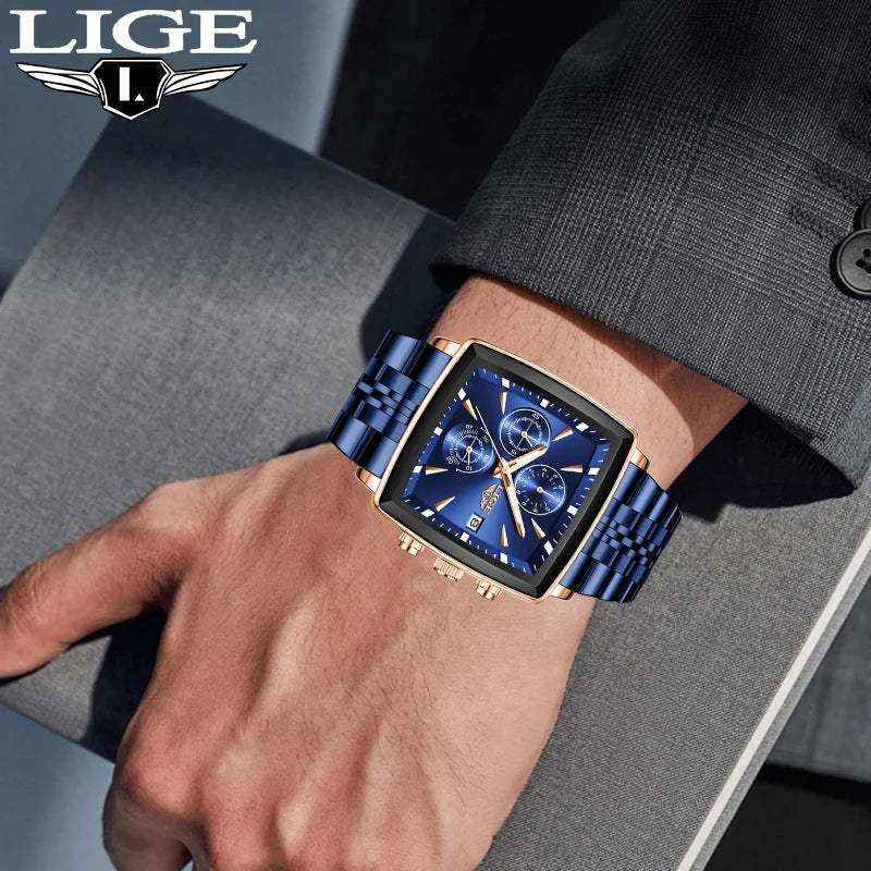 Relógios de luxo para homem LIGE, modelo quadrado, estilo clássico e moderno, em aço inoxidável, à prova de água, desportivos e casuais, com movimento de quartzo.