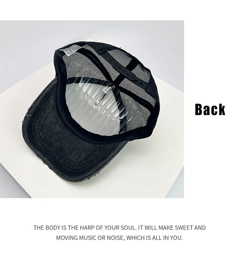 New Unisex Color Block Broken Style Baseball Hats Distress Breathable Mesh Sunshade Retro Trucker Caps Versatile Simple Fashion