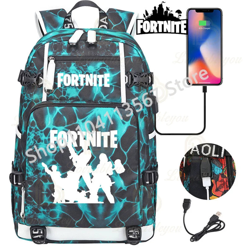 Yule Trooper F-Fortnited Battle Royale Rucksack mit USB-Ladeanschluss, Anime-Figuren, Lern- und Schreibwarenfach für Schüler