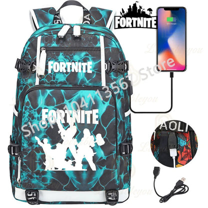 Yule Trooper F-Fortnited Battle Royale Rucksack mit USB-Ladeanschluss, Anime-Figuren, Lern- und Schreibwarenfach für Schüler