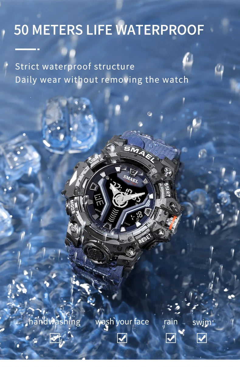 SMAEL 8075 Men's Analog Digital Dual Display Sport Watch - 50M Waterproof LED Backlight Dual Time Alarm Chronograph Stopwatch