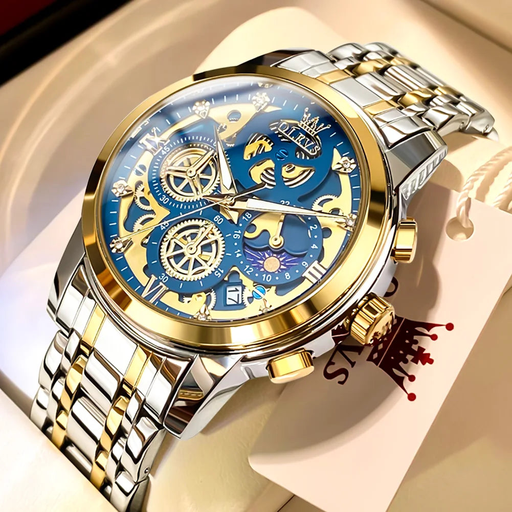 OLEVS herenhorloge – Luxe model, waterdicht, quartz, skeletstijl, 24-uursweergave (dag/nacht), goudkleurig