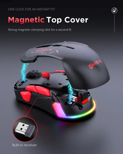 Mouse gaming macro MKESPN W12 cu 10 butoane, ambidextru, wireless Bluetooth, multicanal, tri-mode, ergonomic, RGB mare