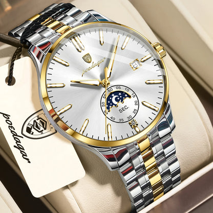 Relógio de luxo para homem POEDAGAR, estilo casual, em aço inoxidável, com movimento de quartzo, à prova de água, luminoso, com data, elegante.