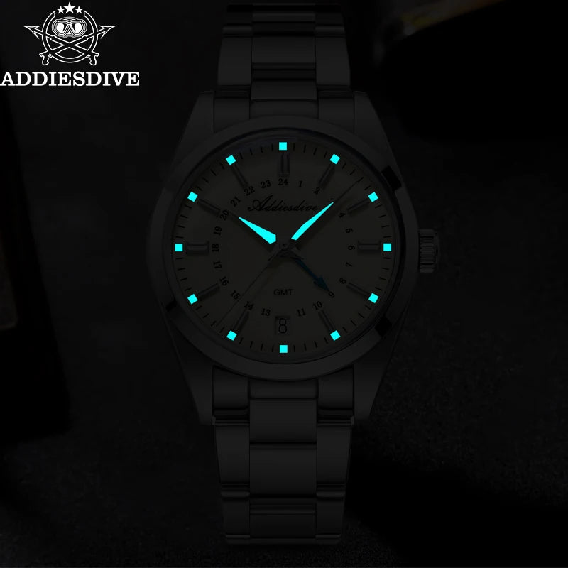 ADDIESDIVE 36mm Men's Analog Watch GMT 515-24H Watch BGW9 Luminous 100m Waterproof Stainless Steel Men's Quartz Watches AD2065