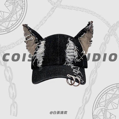 Niche Y2k Rabbit Ears Denim Ripped Baseball Cap Men and Women Dark Personality Metal Ring Street Trend Adjustable Sports Hat