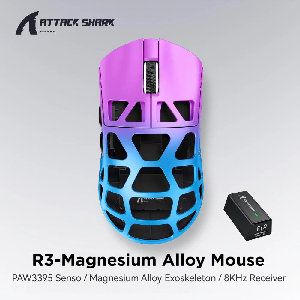 ATTACK SHARK R3 gamer egér magnéziumötvözet méhsejtmintás házzal, ultrakönnyű, 8K Hz, PAW3395 érzékelő, 26000 DPI, ergonomikus kialakítás