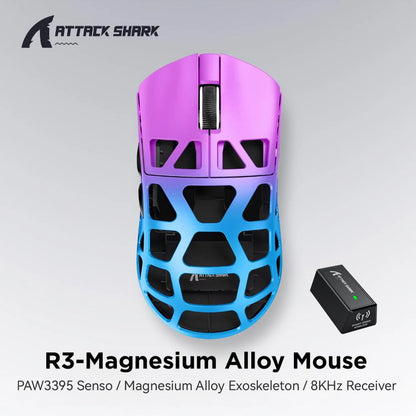 ATTACK SHARK R3 gamer egér magnéziumötvözet méhsejtmintás házzal, ultrakönnyű, 8K Hz, PAW3395 érzékelő, 26000 DPI, ergonomikus kialakítás