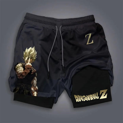 2026 Men's Shorts Double Layer 2-in-1 Dragon Ball Z Anime Graphic Print Streetwear Casual Summer Elastic Fitness Sports Pants