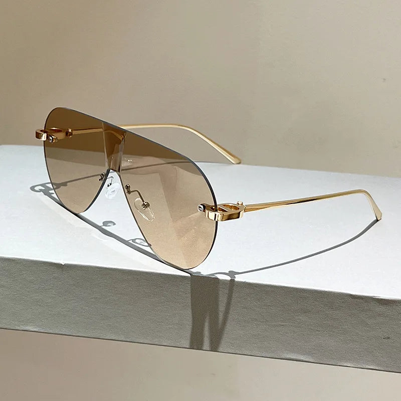 Women's Oversize Rimless One-Piece Shield Sunglasses Fashion Gradient Sun Glasses Alloy Sexy Driving Shades men punk shades
