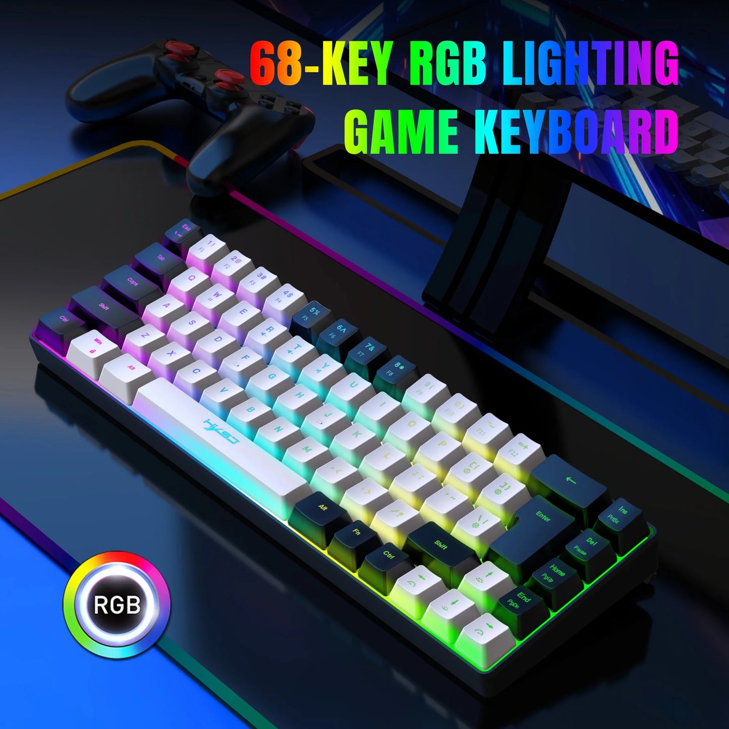 68 Keys Gaming Keyboard USB Wired Portable 20 RGB Backlight Keyboard Black and White Keycaps for Windows Laptops Computer