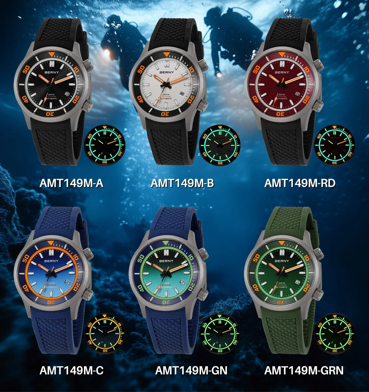 BERNY Automatic Full Titanium Diver Watch For Men Supper Luminous Sappire AR Coated Miyota 8215 Dual Crown Mechanical Dive Watch