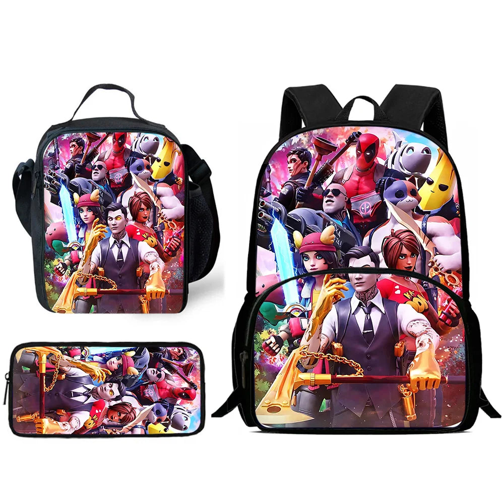 Hot-Game-Kinderrucksäcke mit Lunchbag und Federmäppchen, große Schultaschen für Schüler, Design F – FortniteS, für Jungen und Mädchen, ideales Geschenk