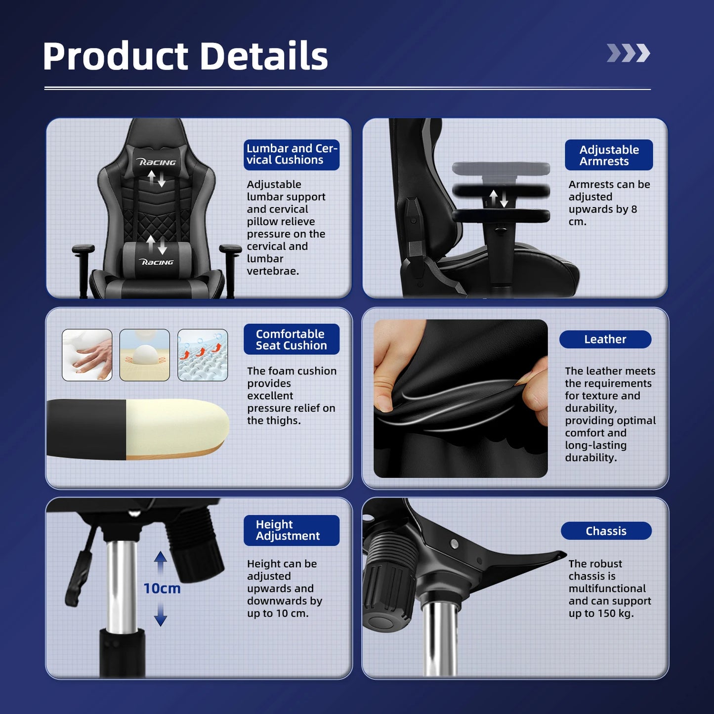 AUTHMIC Ergonomic Gaming Chair with Lumbar Support, Adjustable Armrest, Reclining Office Chair, 150kg Heavy Duty Gamer Chair for Home & Work