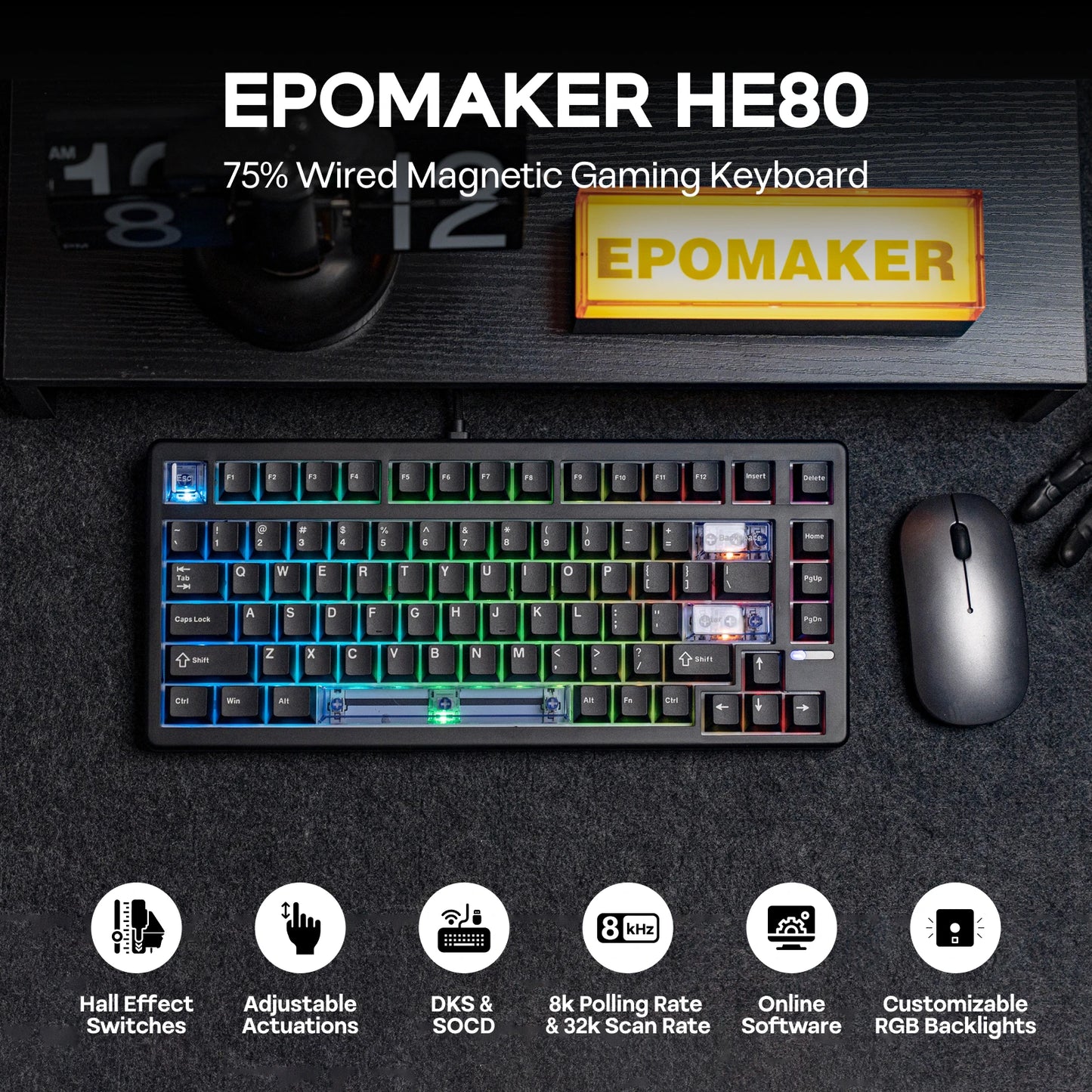 Teclado mecânico magnético EPOMAKER HE80 75% layout US QWERTY Hot-Swap Creamy Gasket com fio Hall Effect DKS SOCD para PC/Mac