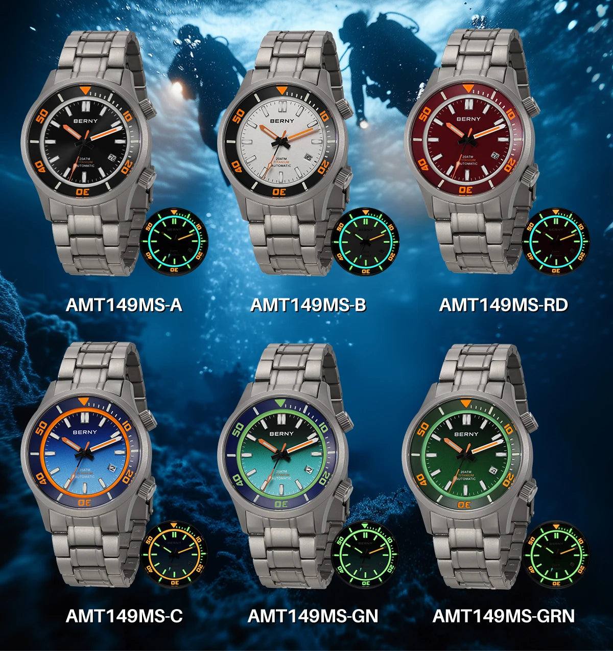 BERNY Automatic Full Titanium Diver Watch For Men Supper Luminous Sappire AR Coated Miyota 8215 Dual Crown Mechanical Dive Watch