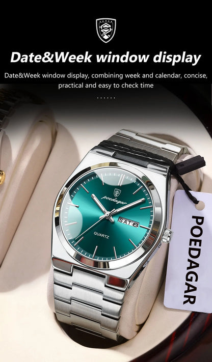POEDAGAR Fashion Men Watch Waterproof Luminous Date Week Men's Watches Stainless Steel Functional Man Quartz Watch with Gift Box