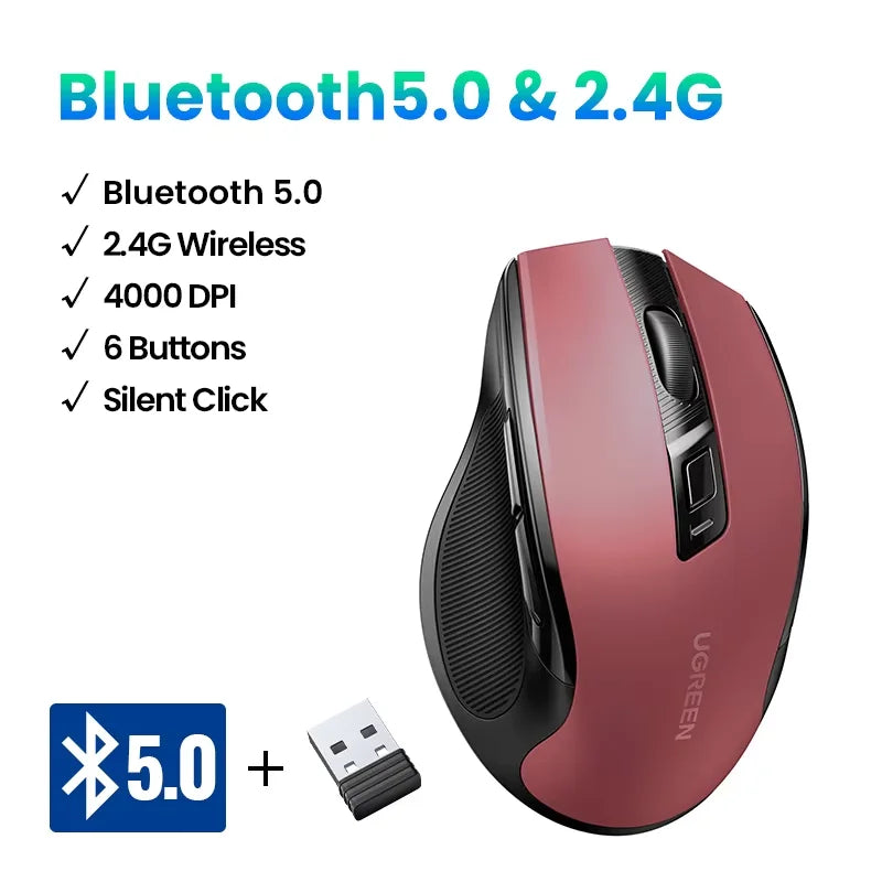 UGREEN langaton hiiri Bluetooth 5.0, ergonominen 4000DPI, 6 hiljaista painiketta, MacBookille, tableteille, kannettaville tietokoneille, tietokoneille ja PC:lle, 2.4G-hiiri