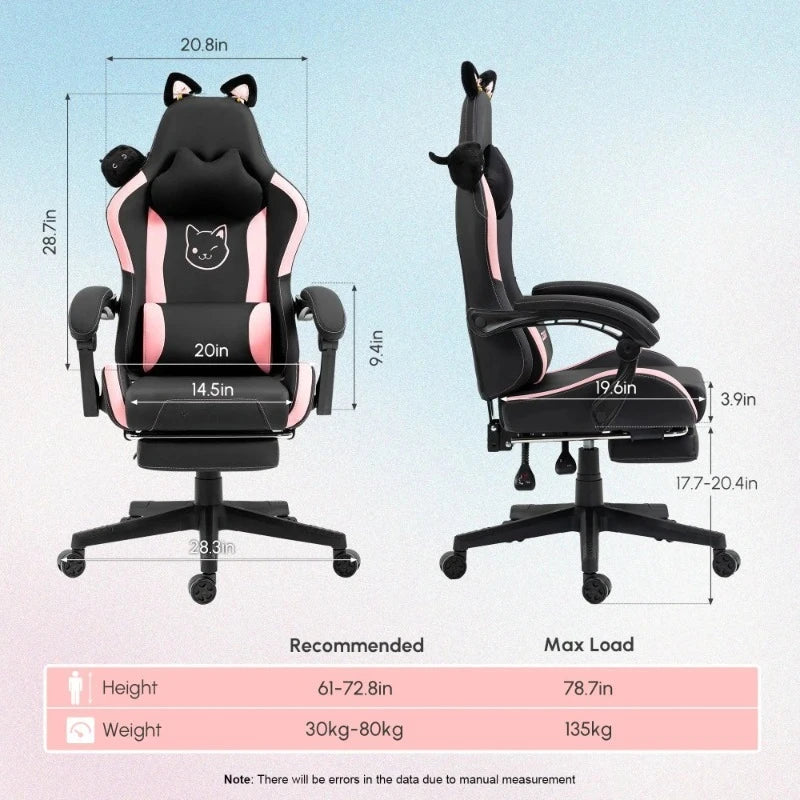 Cute Gaming Chair with Cat Ears, Pink Kawaii Ergonomic Gamer Chair with Footrest, Cat Paw Lumbar Support, High Back Computer Gaming Chair